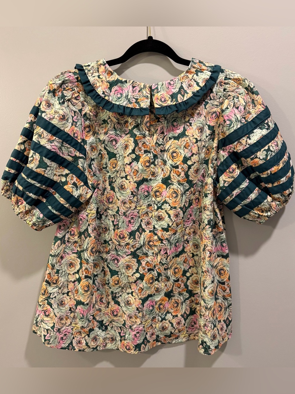 Entro Floral Puff Sleeve Low Collar V-Neck Colorful Blouse Hunter Green L - Picture 7 of 9